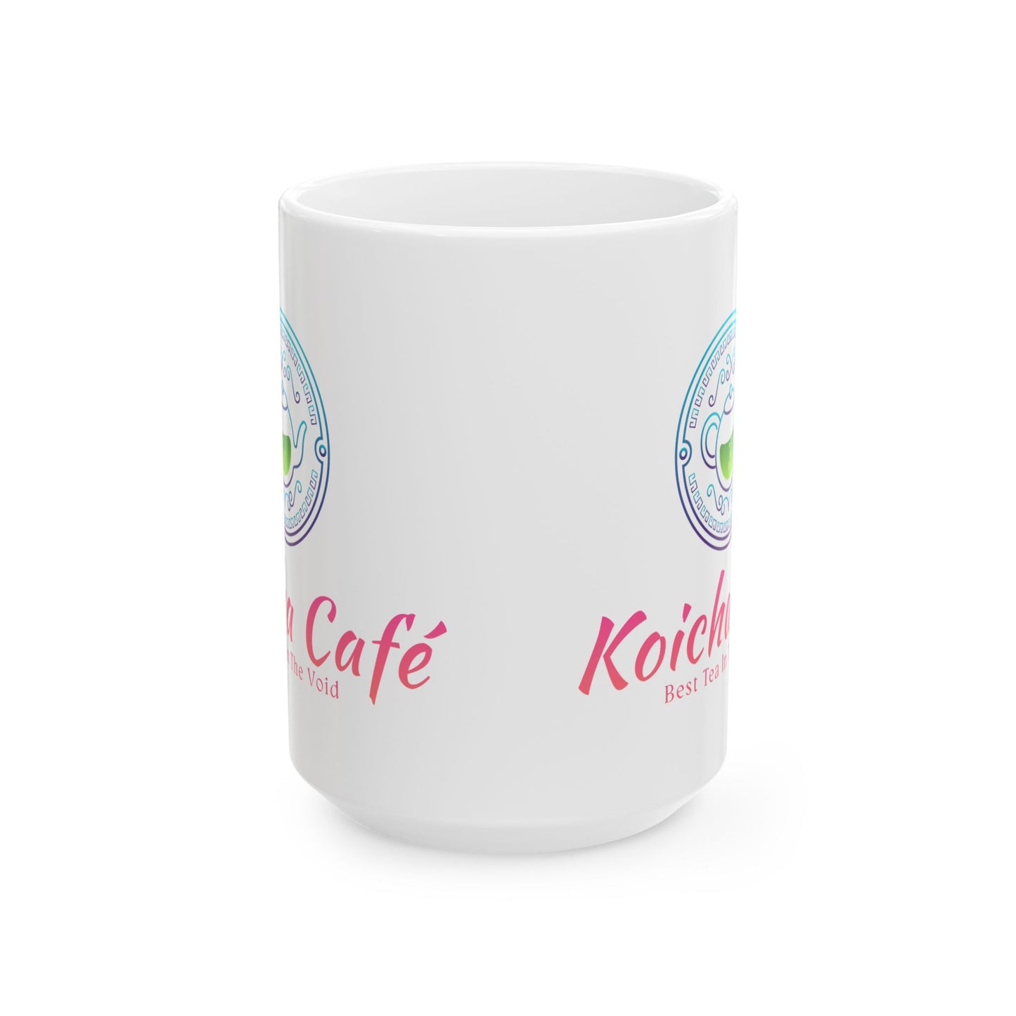 Koicha Café Ceramic Mug — 11oz & 15oz Coffee Cup with Colorful Logo
